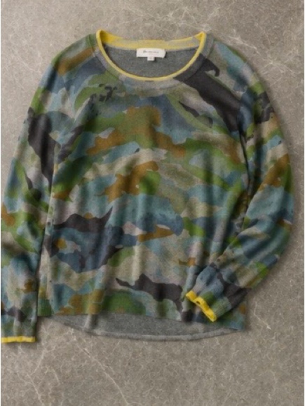 Two by Vince Camuto Camo Cotton Sweater Neon Trim Green Blue Size L EUC - Picture 5 of 5